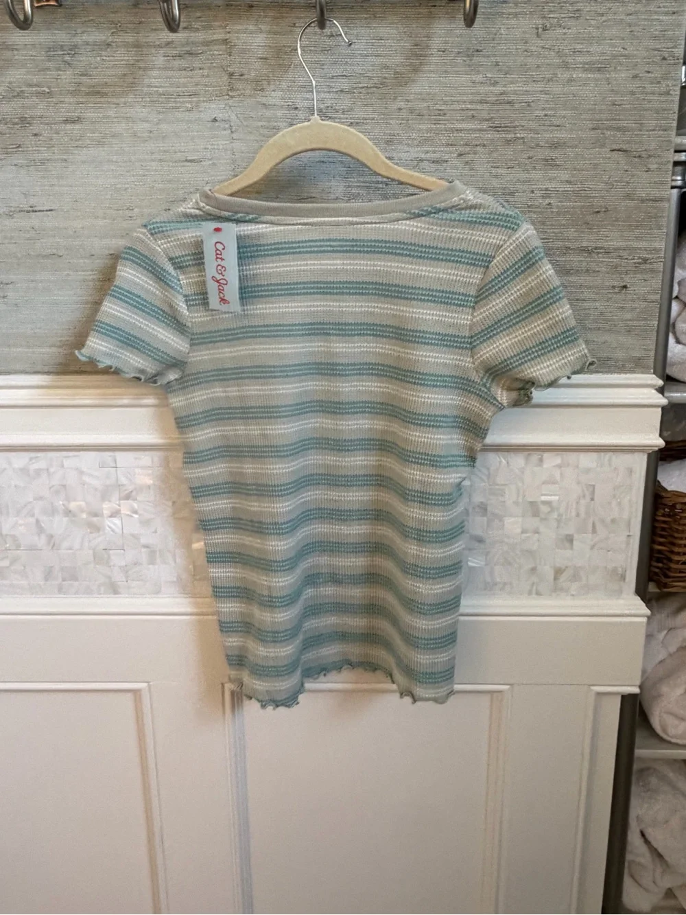 NWT new girls large 10 12 cat & jack waffle knit Striped shirt Top Cream Teal